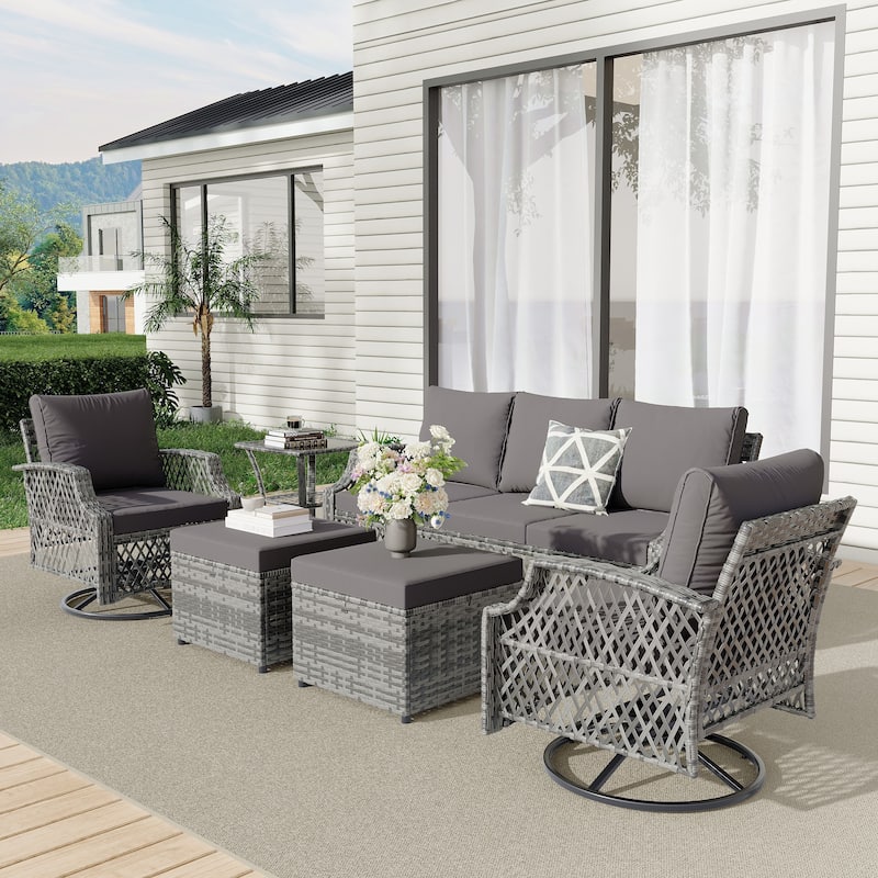 Outdoor Wicker Patio Set w Swivel Chairs & Sofa, Ottomans and Tables, Modular 3/5/6/7-Piece, All-Weather Conversation Set. - 6-Piece: Ottomans & Sofa - Grey