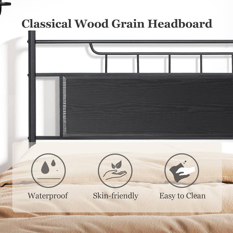 VECELO Industrial Bed Frame with Wood Headboard,Twin/Full/Queen Size Bed, Black/Brown/Slate-3 colors