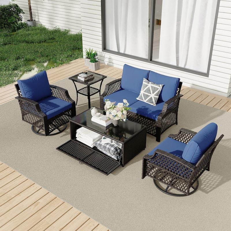 Outdoor Wicker Patio Set w Swivel Chairs & Sofa, Ottomans and Tables, Modular 3/5/6/7-Piece, All-Weather Conversation Set.
