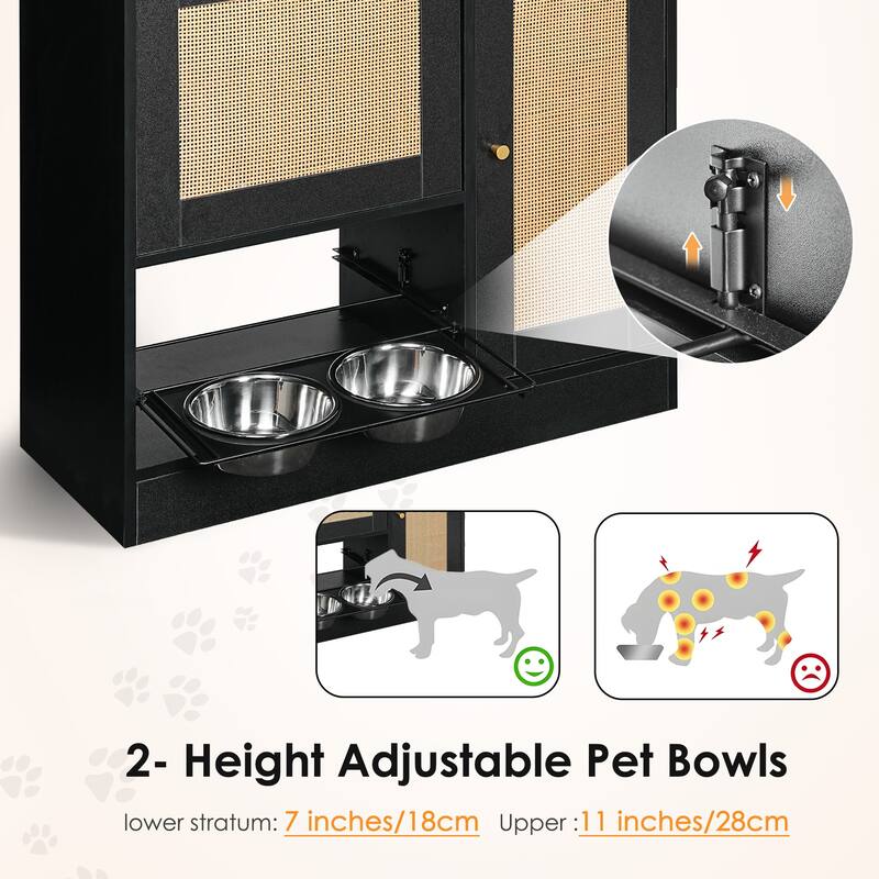 Feeding station with 2 lockers, Pet Feeding Station With 2 elevated Dog Bowls, Side Hooks, Hidden Pet Feeding Station