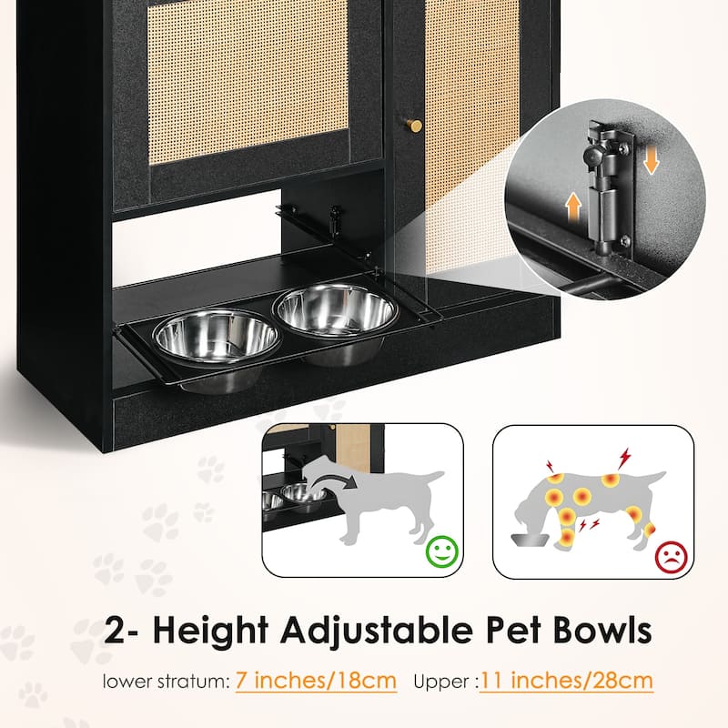 Pet Feeding Station with 2 Dog Bowls,Side Hooks,Anti-tip Kit,for Feeding & Watering, Black