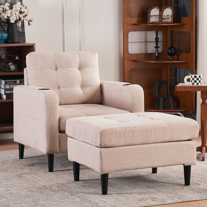 HCHAIRH Upholstered Tufted Accent Chair Single Sofa Storage Ottoman Set with Cup Holders