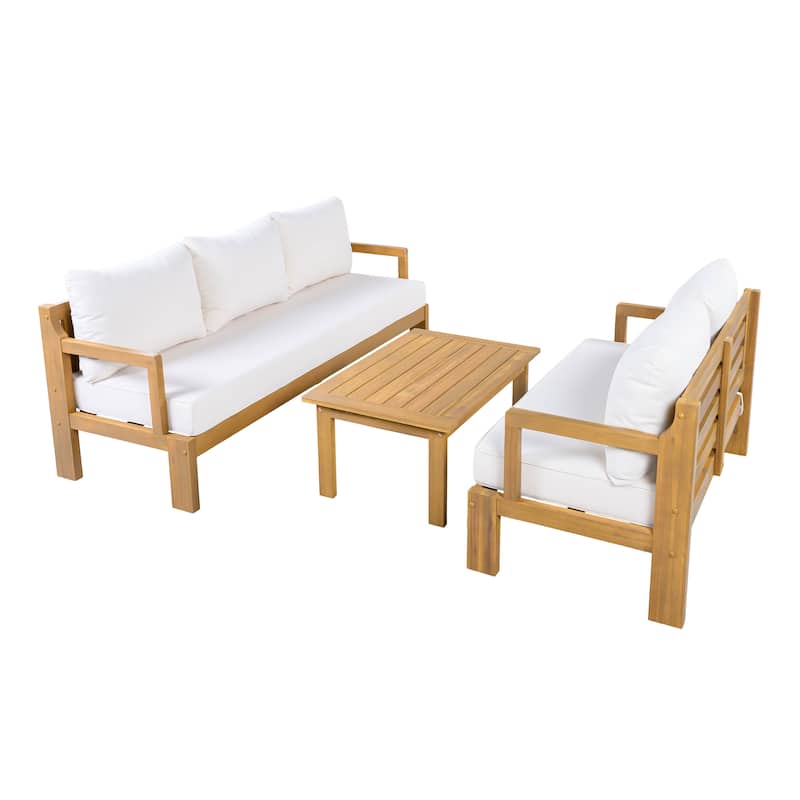 Christopher Knight Home - Modern 3-Piece Acacia Wood Outdoor Sectional Set with 3-Seater Sofa, Loveseat & Coffee Table