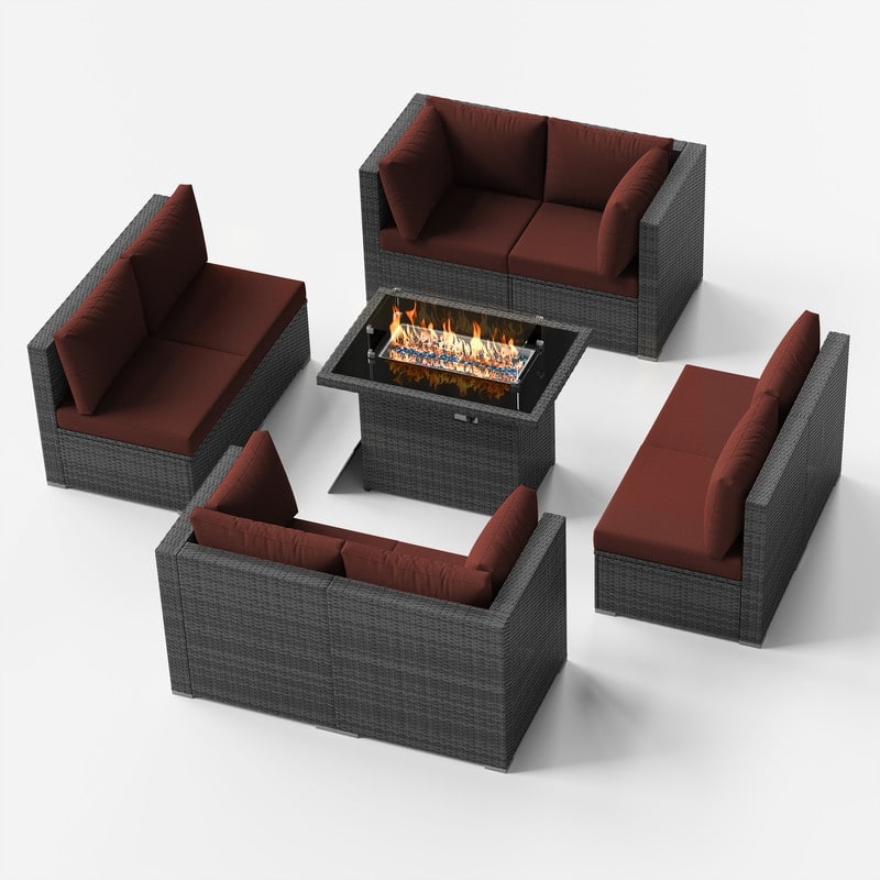 9-Piece Outdoor Modular Sectional Wicker Patio Conversation Set with CSA Fire Pit, Cushion