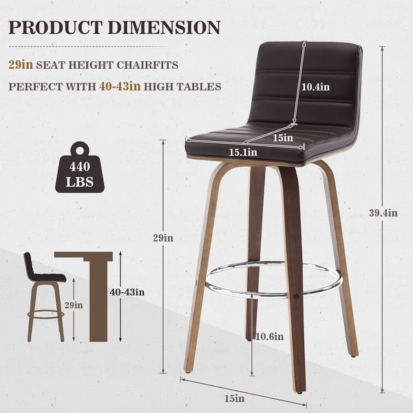 dimension image slide 5 of 10, 26"/29" Faux Leather Swivel Bar/Counter Stools, Set of 2/3