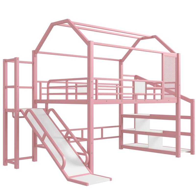 Full House Loft bed with Slide and Stairs, Metal Playhouse Bed with Storage Shelves, House-shaped Roof and Noise-free Design