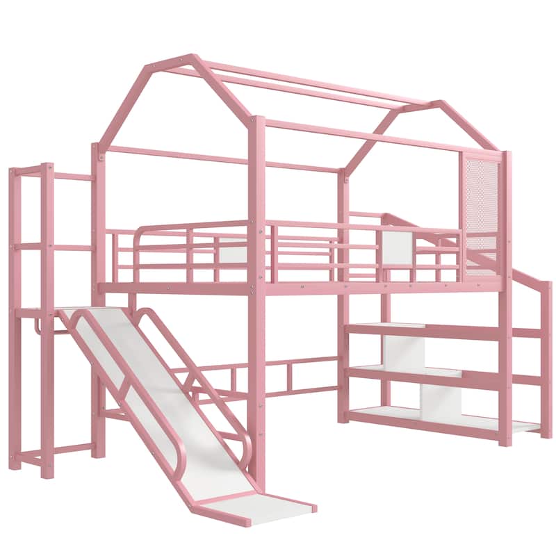 Fun Play House-shaped Loft Bed Metal Bed Frame with Grid and Shelves