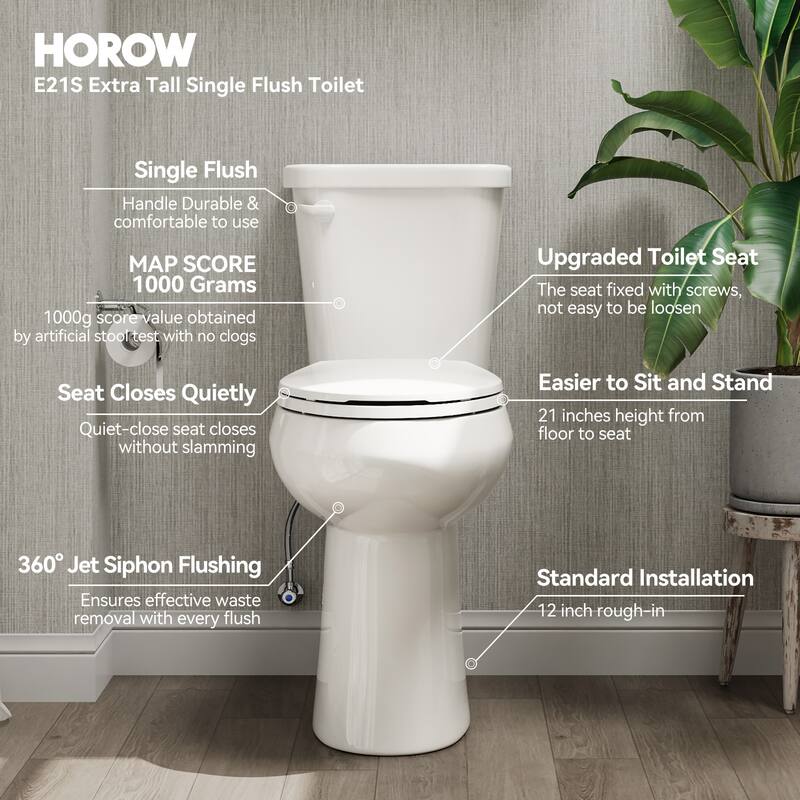 HOROW 21 Inch Extra Tall 2 Piece High Efficiency Single Flush Elongated Toilet White 1.28 GPF Strong Flush Seat Included