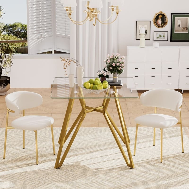 Gold Modern Tempered Glass Dining Table with Metal Legs for Kitchen, Living Room