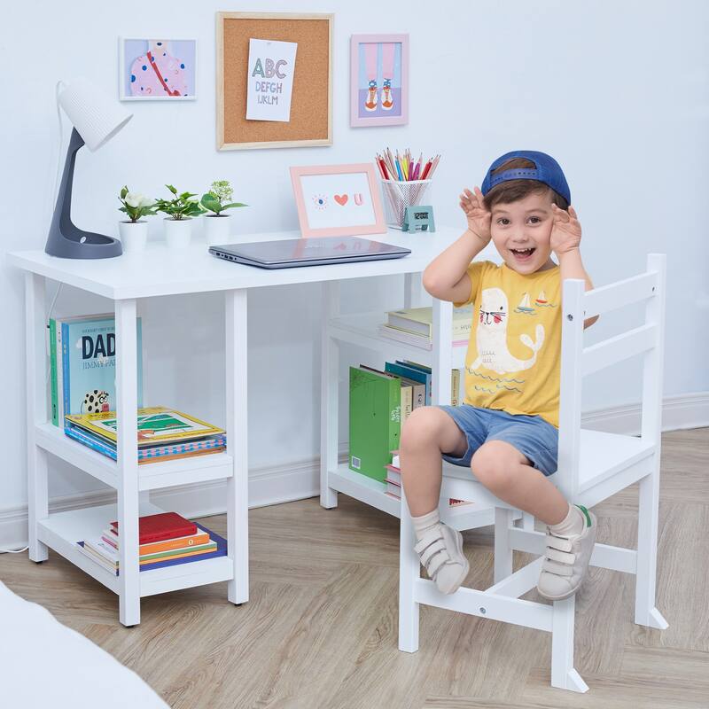 Fantasy Fields - Kids Wooden Desk & Chairs Set - White - 40"W x 17.5"L x 25.5"H