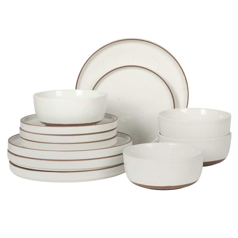 Gibson Elite Northrock Stoneware Dinnerware Set, 16-Piece Service for 4 - Plates & Bowls with Hand-Painted Terracotta Base - White