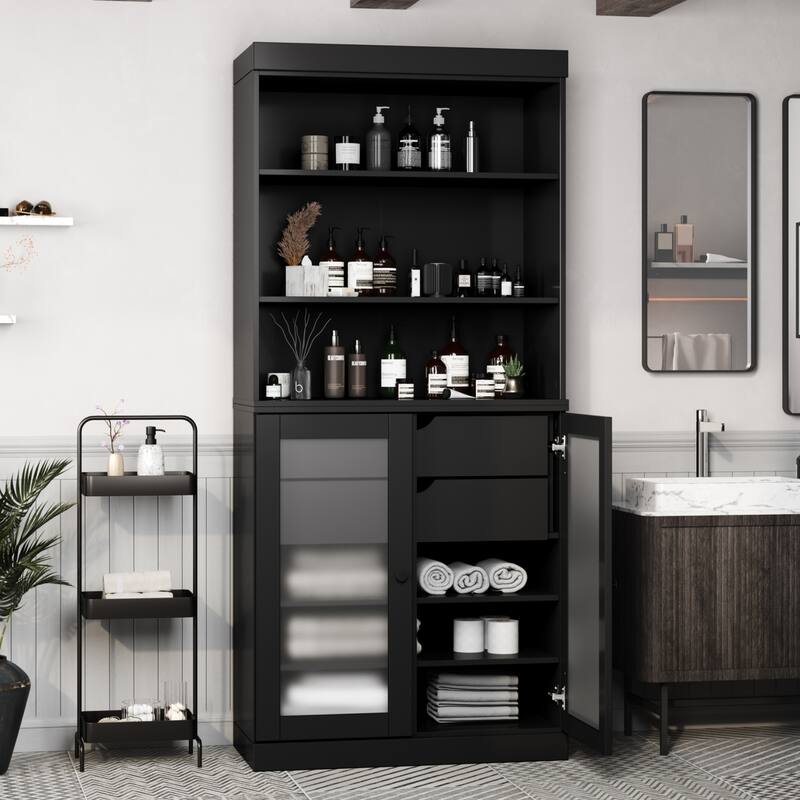 100% Solid Wood 32" Bathroom Cabinet with Optional Doors, 2-Drawers by Palace Imports - Black - 2 Frosted Glass Doors