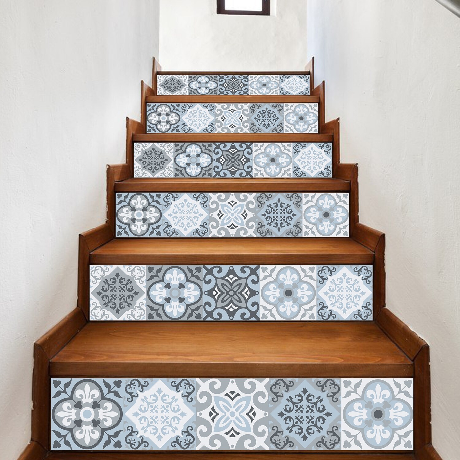 Shop Black Friday Deals On Walplus Light Blue Floral Tiles Stairs Decals Wall Stickers Home Decor Overstock 31951239