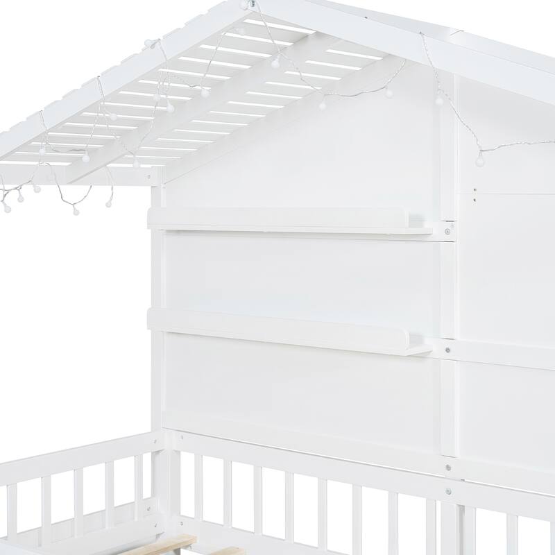 Twin Wood House Bed with Built-in Shelves