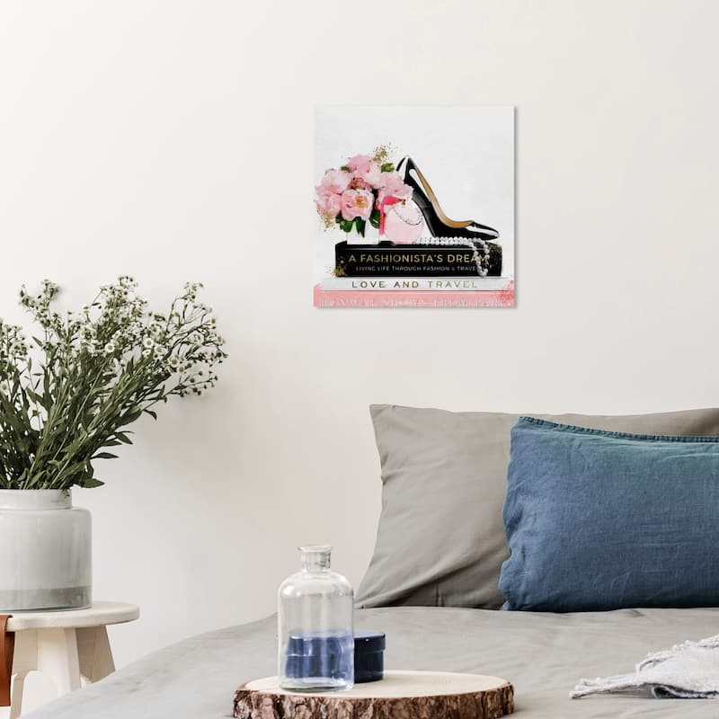 Wynwood Studio Canvas Fashion and Glam Shoes Books and Fashion Dreams Pink and Light Pink Glam Wall Art Canvas Print - 12 x 12