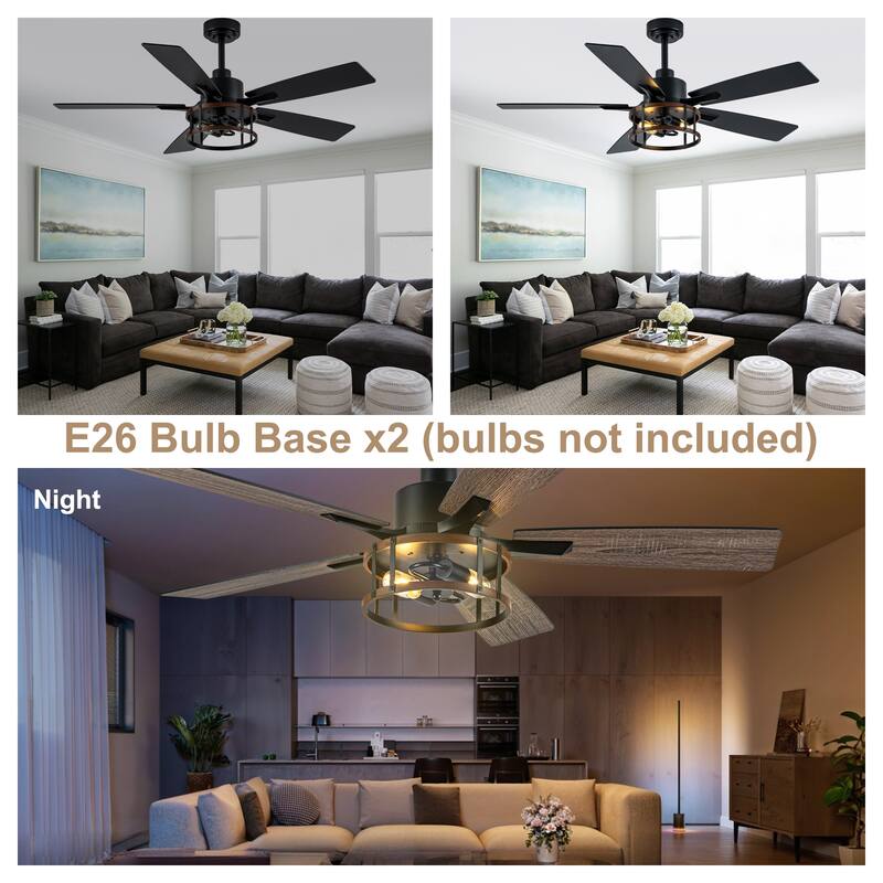 Bella Depot 52" Industrial Caged Ceiling Fan with Light and Remote 6-Speed Modern Reversible Large Fan DC Motor