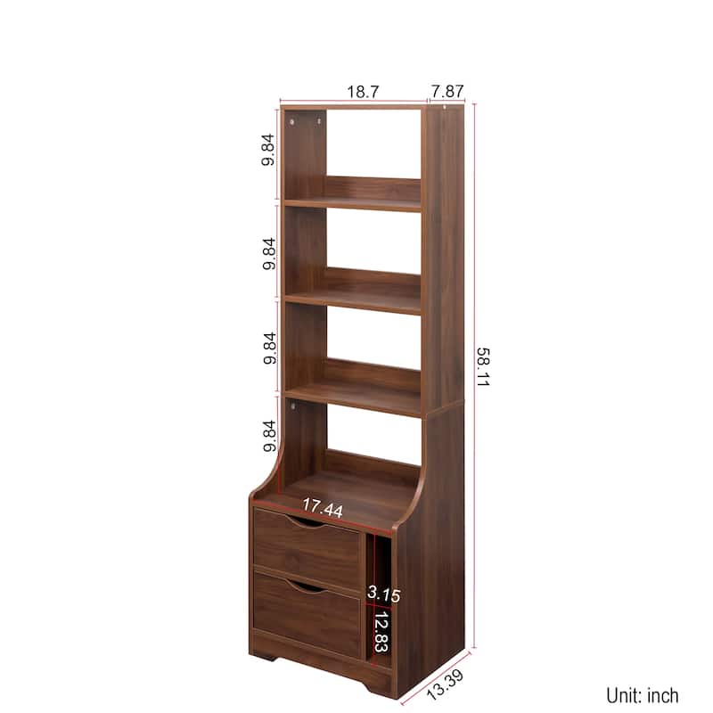 Tall Nightstand with Bookshelf, Bedside Table with 4-Shelf Storage Rack, Couch Side Table with 2 Storage Drawers