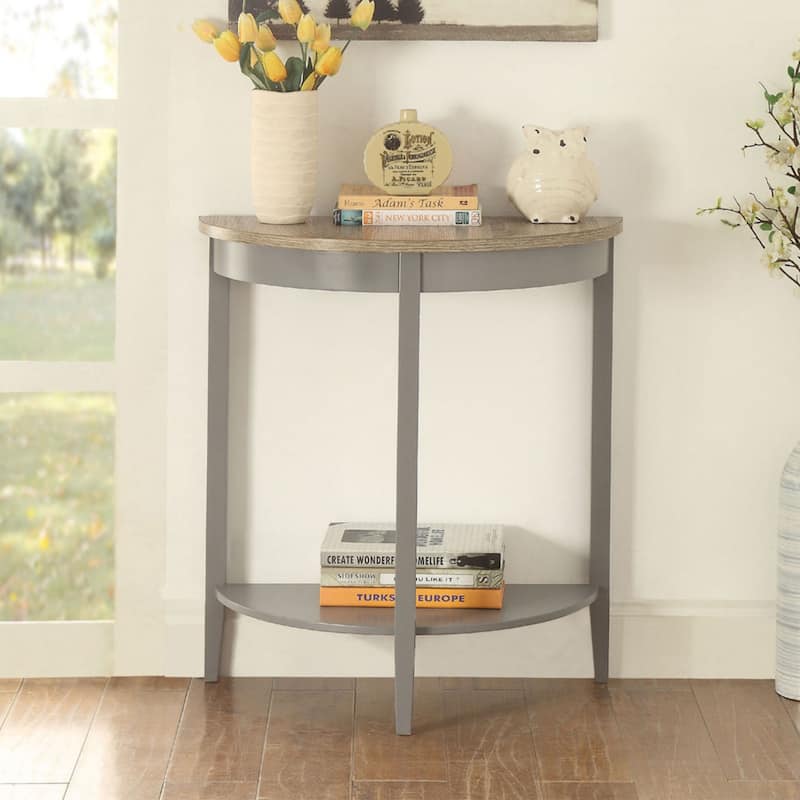 Half Moon Wooden Accent Table with 1 Bottom Shelf in Gray Oak and Gray Finish