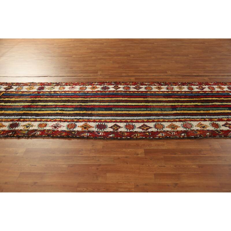 Hand Knotted Oriental 100% Wool Carpet Modern Geometric Multi-Colored Gabbeh Runner Rug - 11' 11'' X 3' 7''