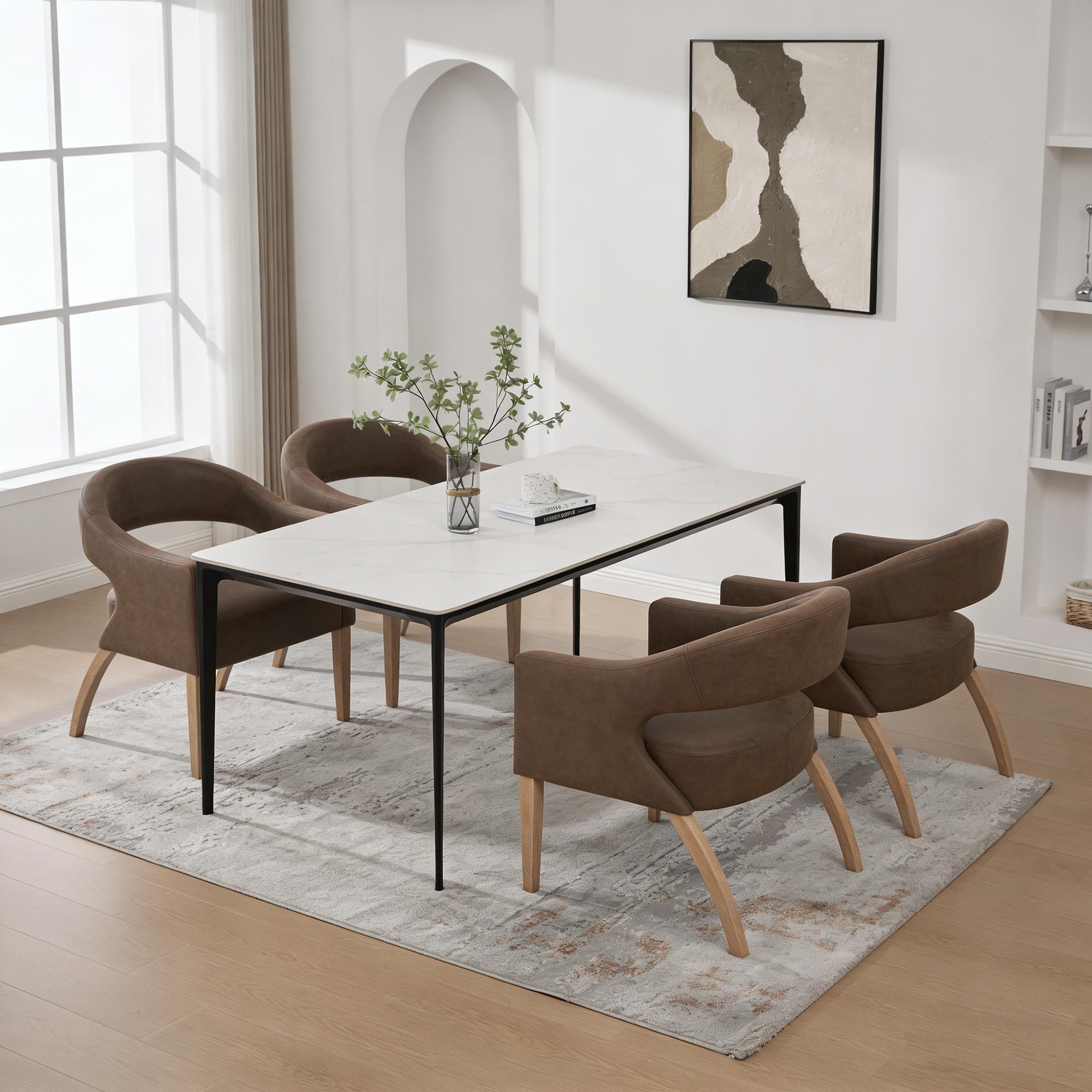 Modern PU Open Back Dining Chair Set of 4, Barrel Accent Armchair with Weathered Rubberwood Legs, Hollow-Out Club Chair