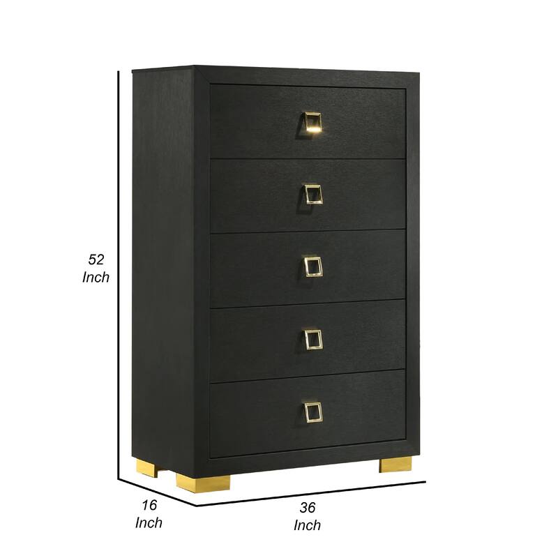 Lati Tall Dresser Chest, 5 Drawers, Black Wood, Gold Metal