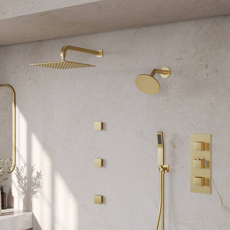 GRANDJOY 12" Wall Mounted Shower System Dual Shower Heads with 6 Body Jets - Brushed Gold