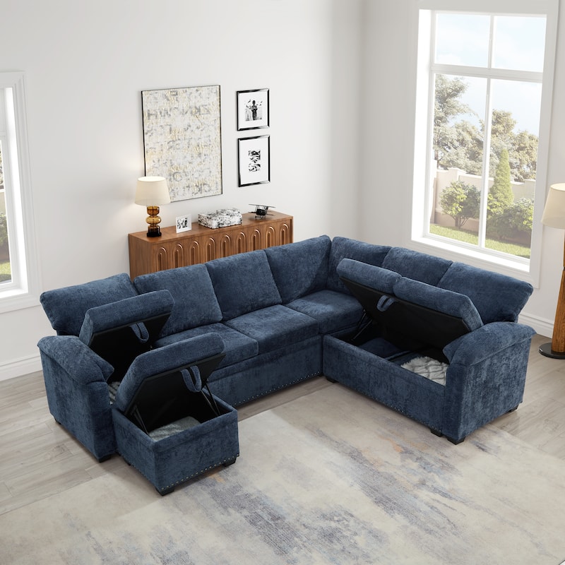 L-Shaped Chenille Sectional Sofa with Pull-Out Bed, Upholstered Convertible 7-Seater Sofa with Storage Ottoman & 2 Pillows