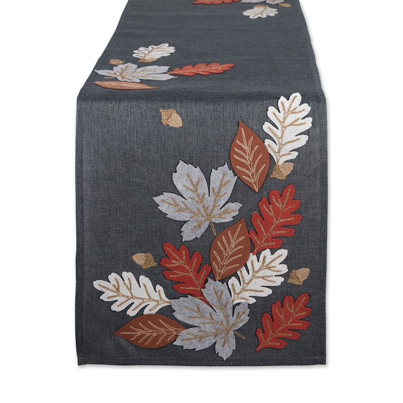 Autumn Leaves Embroidered Table Runner - 70" Gray and White