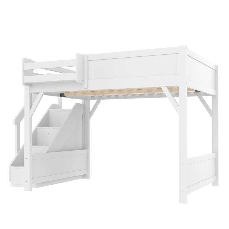 Kids Solid Wood Loft Bed Frame with Built-in Wardrobe, Storage Shelves, Full-length Guardrails and Stairs, No Box Spring Needed