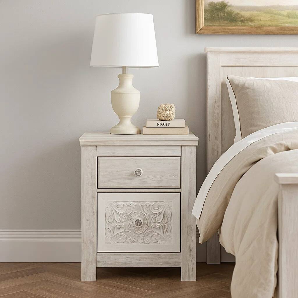 Paxy Nightstand, 2 Drawers, 2 USB Ports, Laminate Whitewash Finish