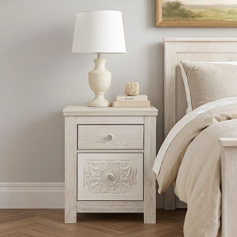 Paxy Nightstand, 2 Drawers, 2 USB Ports, Laminate Whitewash Finish