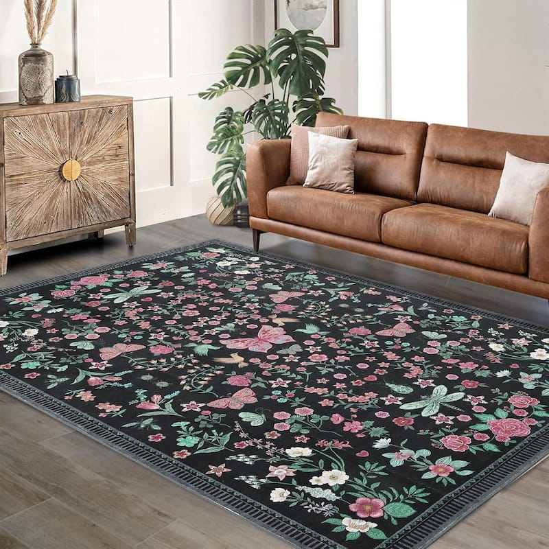 Modern Floral Machine Washable Indoor Waterproof Area Rug for Bedroom, Living Room, Black - 2' x 3' - Black 10*13ft