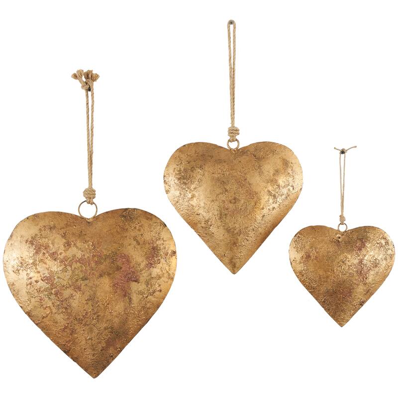 Gold, Red or Gray Metal Heart Decorative Bell with Hanging Rope (Set of 3)