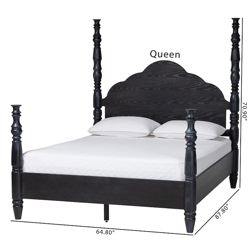 Baxton Studio Martino Four-Poster Platform Bed - Sculpted Post Bed Frame with Panel Headboard, Vintage Spindle Bed
