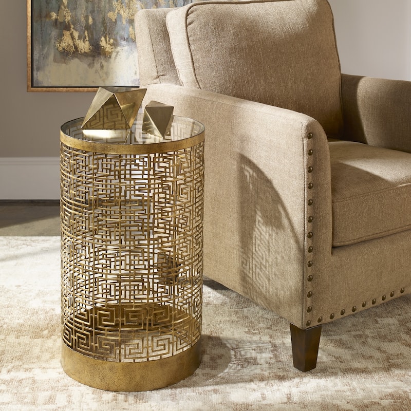 24" gold greek inspired geometric accent table with a mirrored top