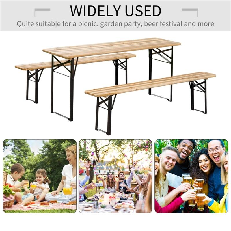 Folding Picnic Table and Bench Set Solid Wood Tabletop Steel Frame Portable Outdoor Patio Garden - 71"L x 10"W x 18"H