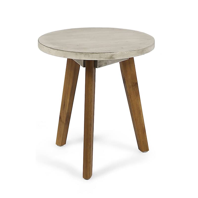 Ina Side End Table, Angled Legs, 16 Inch Round Gray Top, Acacia Wood