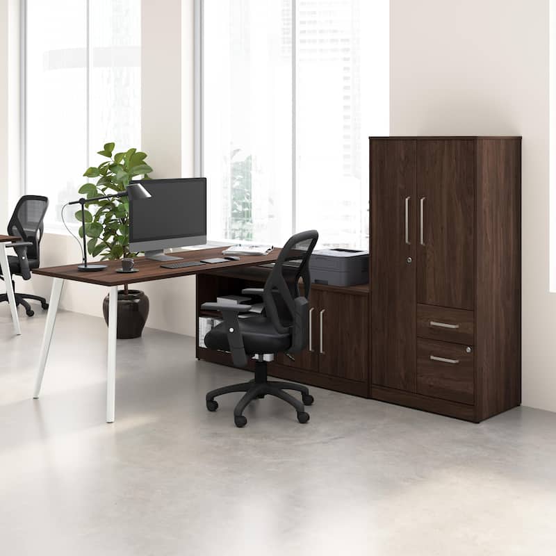 Bush Business Furniture Vista 72W L Shaped Desk with Cabinet, Wardrobe - Black Walnut