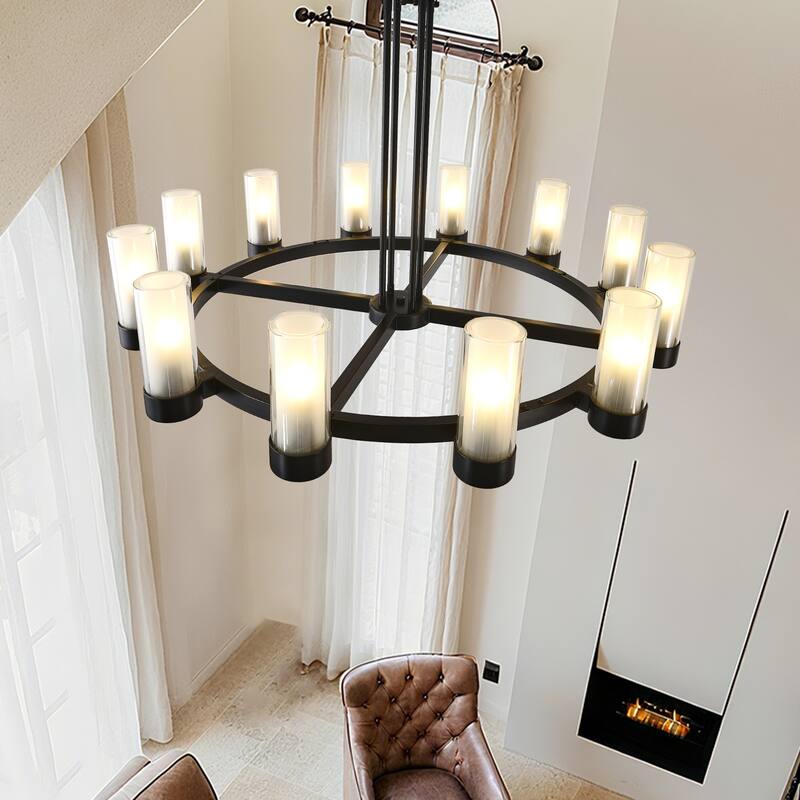 12 - Light Modern Round Chandelier with Frosted Glass Cylinder Shades