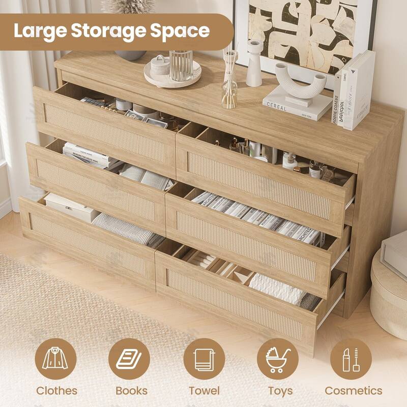 6/8 Drawer Rattan Dresser for Bedroom, Double Wood Chest of Drawers for Closet, Nightstand, TV Stand