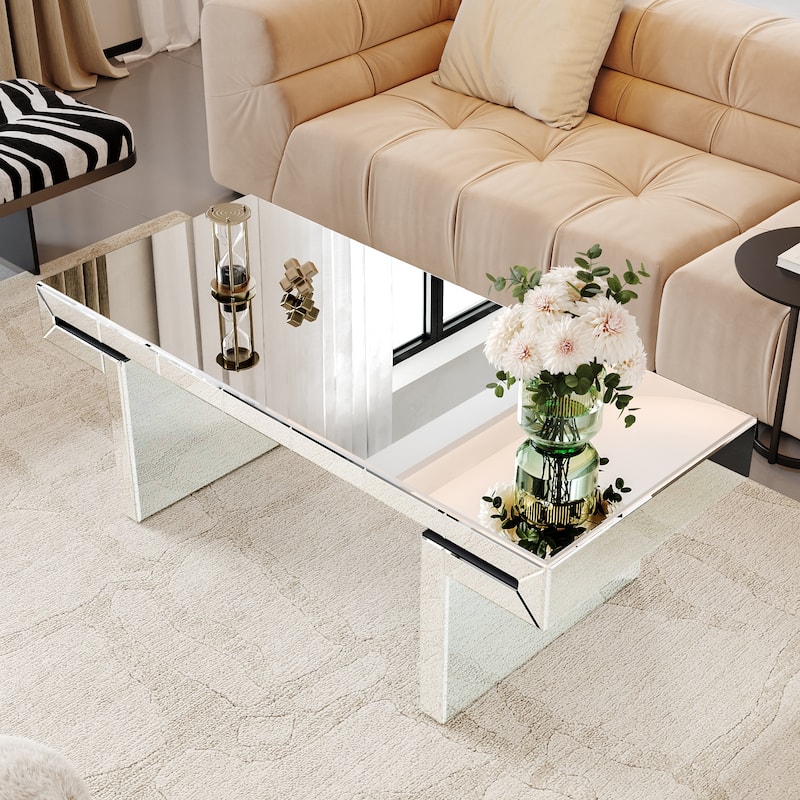 GDF Studio - Art Deco Mirrored Rectangular Coffee Table with Tempered Glass