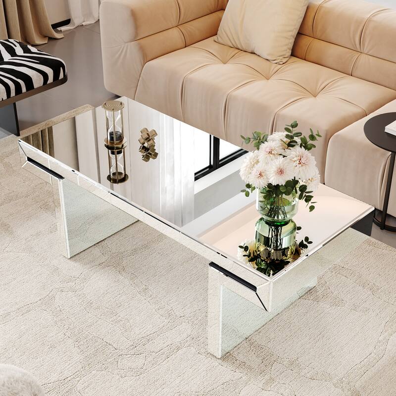 Roomfitters 47" Rectangular Mirrored Coffee Table, Fluted Tempered Glass Center Table for Living Room, Silver