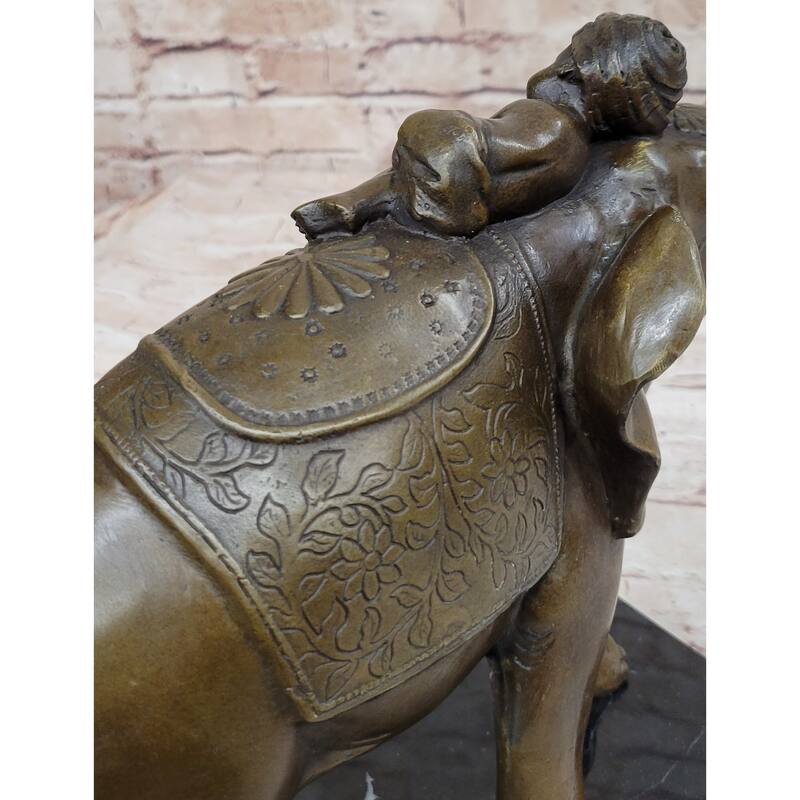 Boy Child Sleeping On Indian Imitative Elephant Bronze Statue Sculpture Decor On Marble Base