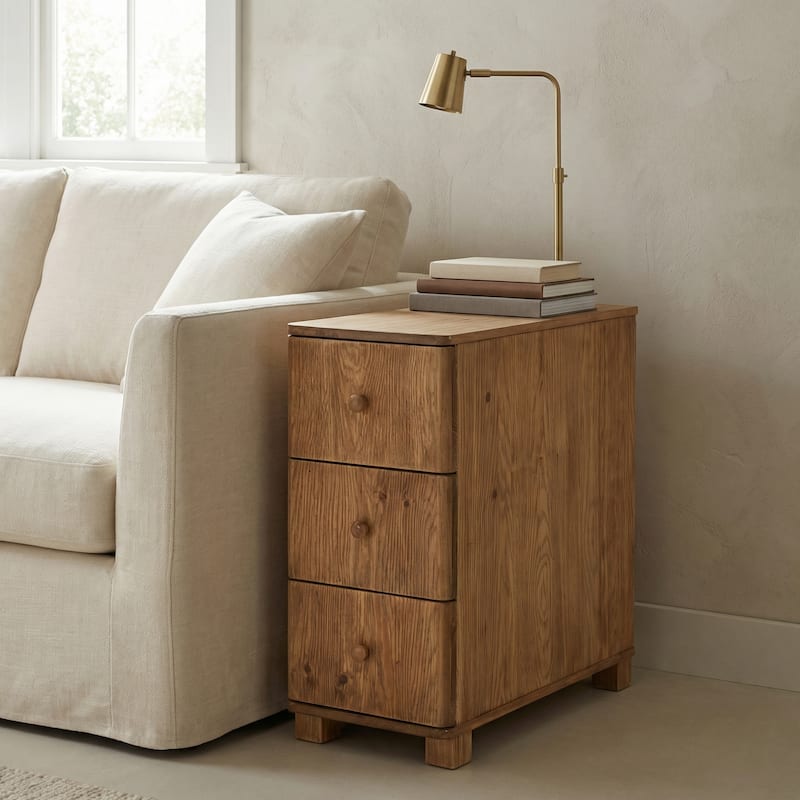 Solid Wood End Table with 3 Drawers - Brown