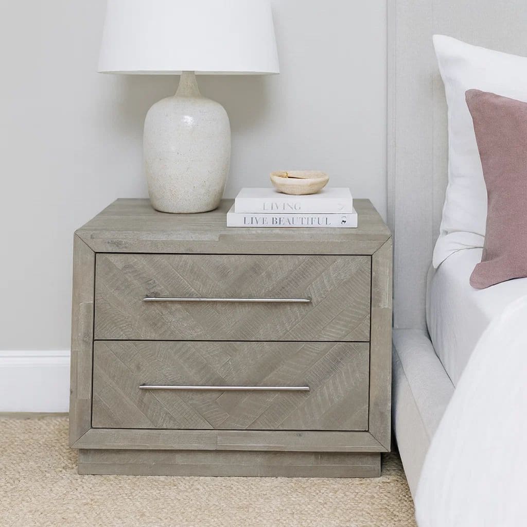 Wooden Nightstand with Inlaid Pattern and 2 Drawers, Weathered Brown