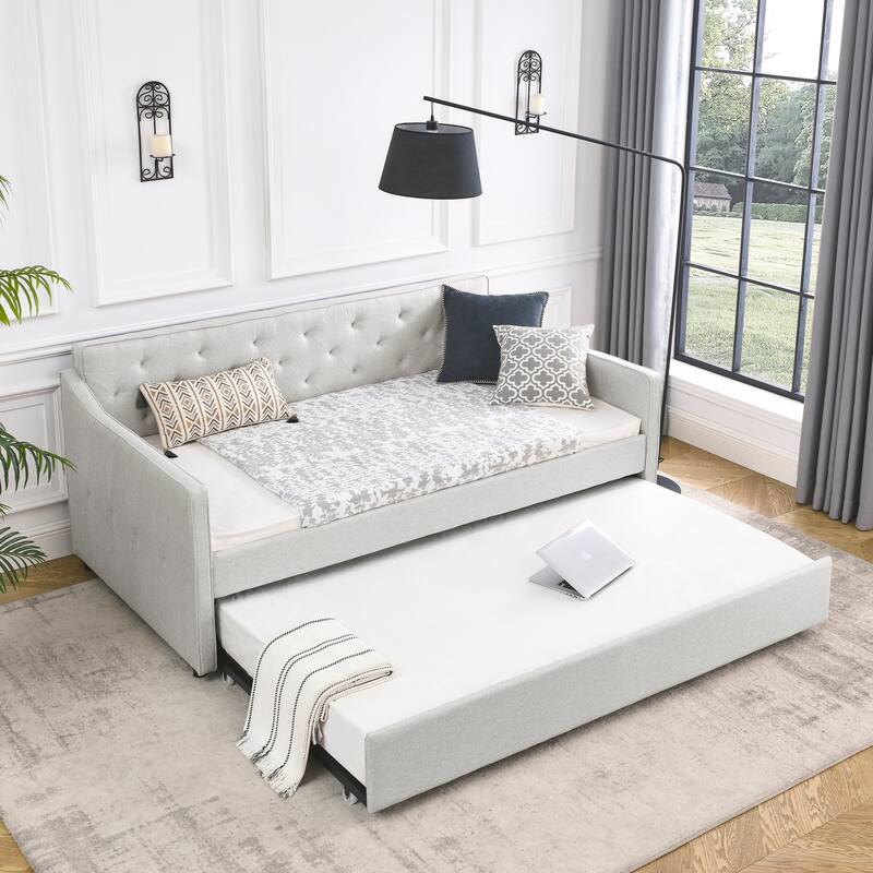 Roomfitters Twin Upholstered Daybed with Twin Trundle, Tufted Backrest and Elegant Waved Arms