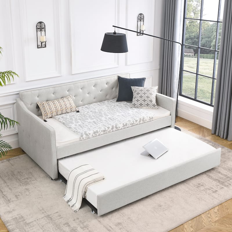Twin Size Daybed with Twin Size Trundle Upholstered Tufted Sofa Bed, Waved Shape Arms, Grey (80.5"x44.5"x33.5")