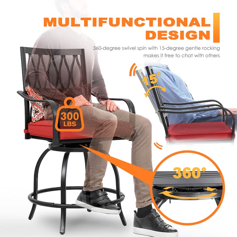 Outdoor 3-Piece Metal Bar Set, Swivel Bar Stools with Cushions and Pillows