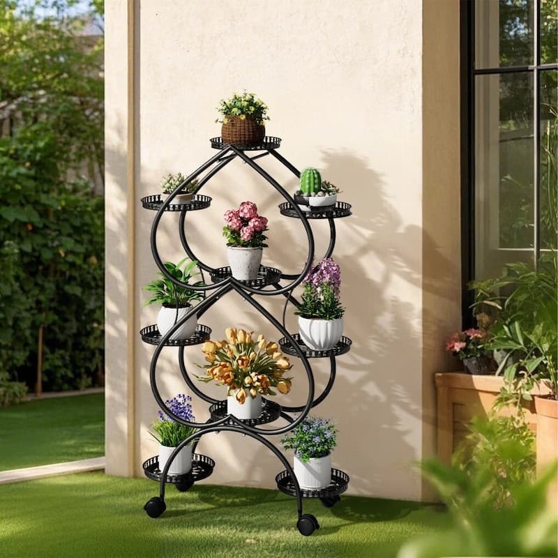 Iron Metal Plant Stand 9-Potted Flower Holder with Wheels Display Rack - 28.7x11.8x48.8 inch