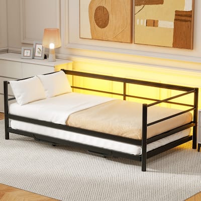Multi-function Industrial Twin Size Metal Daybed with LED and Adjustable Trundle